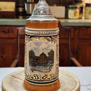 Vintage Gerz Germany Wiesbaden Kurhaus 3D Relief Lidded Beer Stein Tankard 10 oz